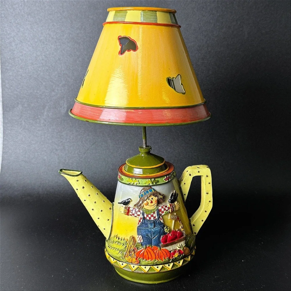Vintage Harvest Scarecrow Teapot Tealight Candle Holder Ceramic Fall Decor Shade